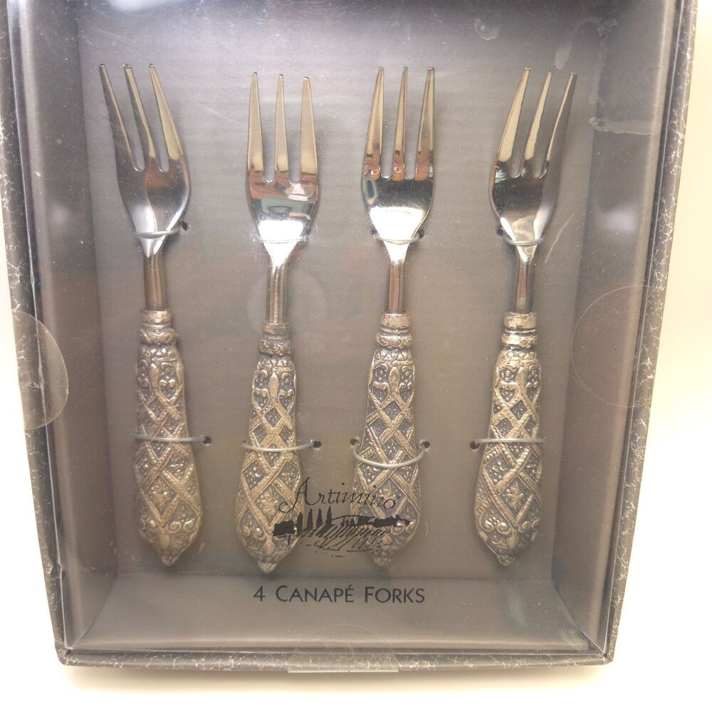 Artimino Set of 4 Canape Forks Ornate Silver Tone Appetizer Cocktail Forks